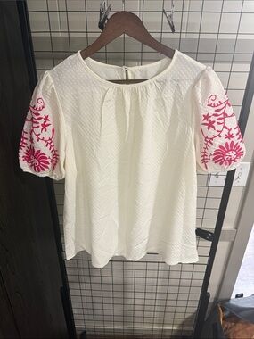 Women's White Blouse with Pink Embroidered Puff Sleeves